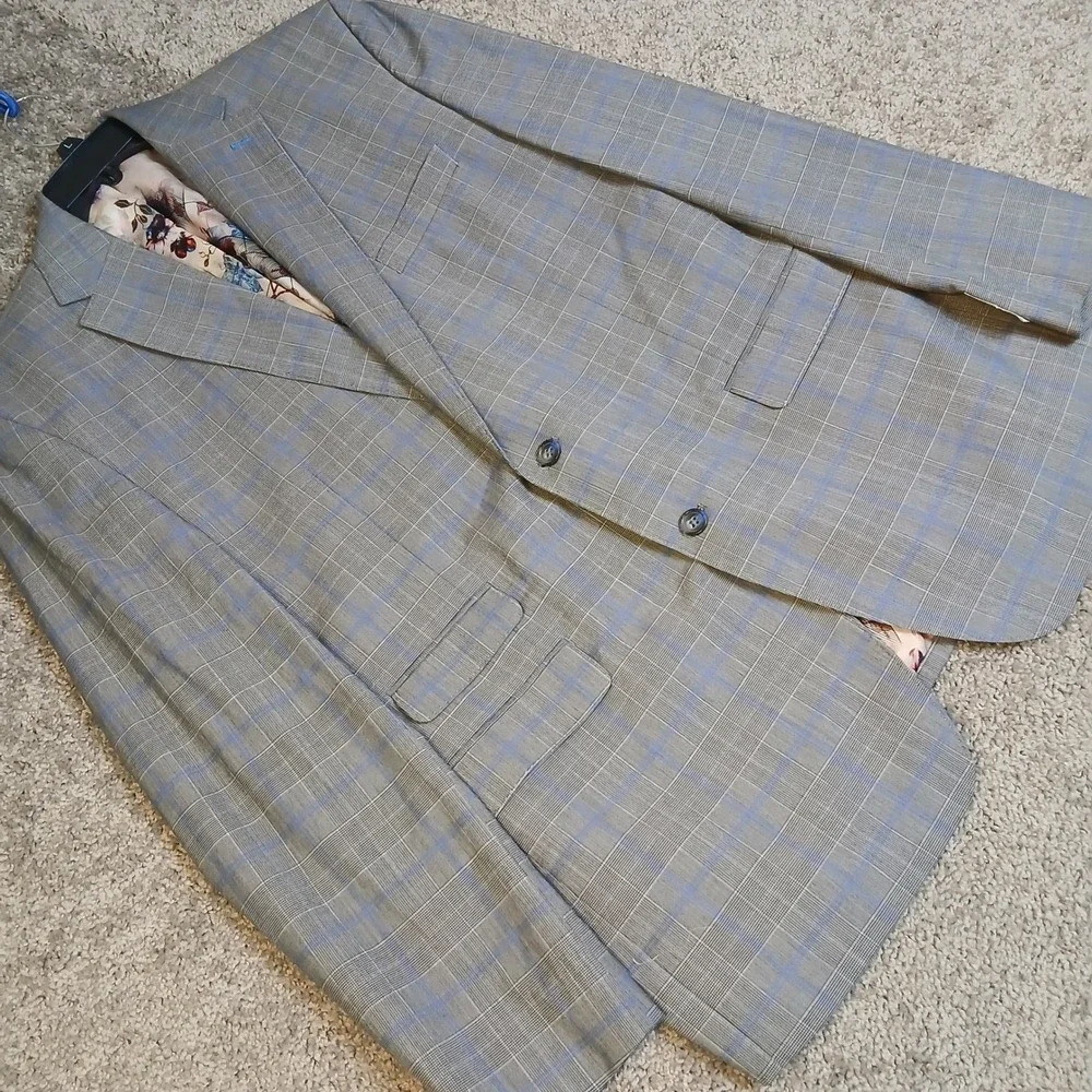 Tayion by Montee Holland Mens Grey Blue Glen Plaid Floral Lining Coat Blazer 44L